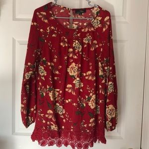 Red floral blouse with key hole back